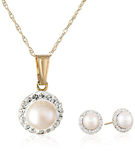 10k Yellow Gold, Freshwater Cultured Pearl (5.5-6 mm), and Crystal Earrings and Pendant Necklace Set, 18"