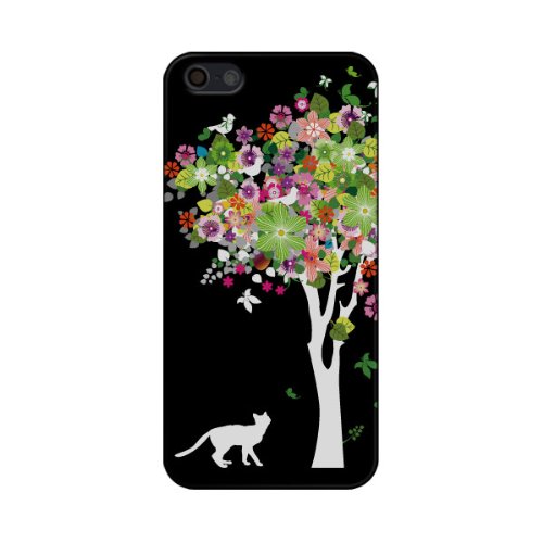 Apple / SoftBank / au iPhone5 対応 携帯ケース 1258白猫と花の木