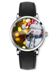 SPRAWL Aanalog Fashion Series Silver Ladies Watches of Genuine Black Leather Strap,Unique Wrist Watch for Women Girls Designed with Snowman