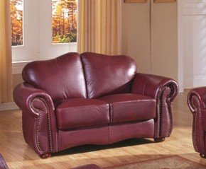 Classic Nailhead Trim 100% Burgundy Leather Sofa Loveseat