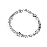 14K White Gold Square Italian Link Bracelet, with Pave Set Diamonds