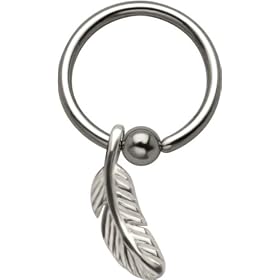 Feather - 925 Sterling Silver Sliding Charm Captive Bead Ring - 16 Gauge