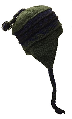 Nepal Hand Knit Sherpa Hat with Ear Flaps, Trapper Ski Heavy Wool Fleeced Lined Cap (Green/Purple)