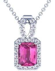 14K White Gold Cushion Cut Pink Sapphire And Round Diamond Pendant