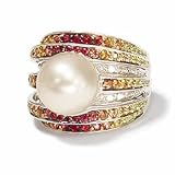 18k White Gold 7row Multi Sapphire Diamond With South Sea Pearl Ring (Size 7.0)