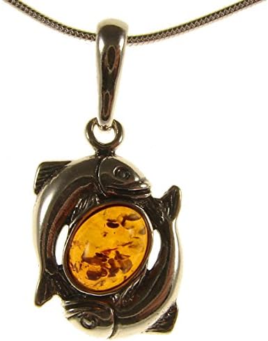 BALTIC AMBER AND STERLING SILVER 925 PISCES PENDANT NECKLACE - 14 16 18 20 22 24 26 28 30 32 34" 1mm ITALIAN SNAKE CHAIN