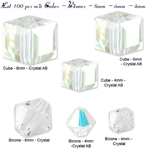 Wholesale Lot 100 mixed Cubes Bicones 4mm 6mm 8mm Swarovski #5601 and #5328 Crystal Beads. Color: Crystal and Crystal AB