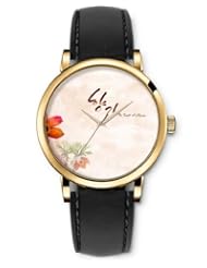 SPRAWL Aanalog Fashion Series Gold Ladies Watches of Genuine Black Leather Strap,Unique Wrist Watch for Women Girls Designed with Beige background with orange flowers