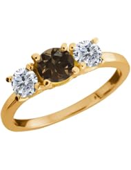 1.00 Ct Round Brown Smoky Quartz G/H Diamond 18K Yellow Gold Ring