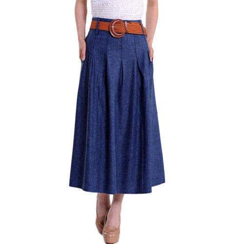 Mingxin Casual Full / Maxi / Long Women's A-line Flared Pleated Denim Skirt Blue