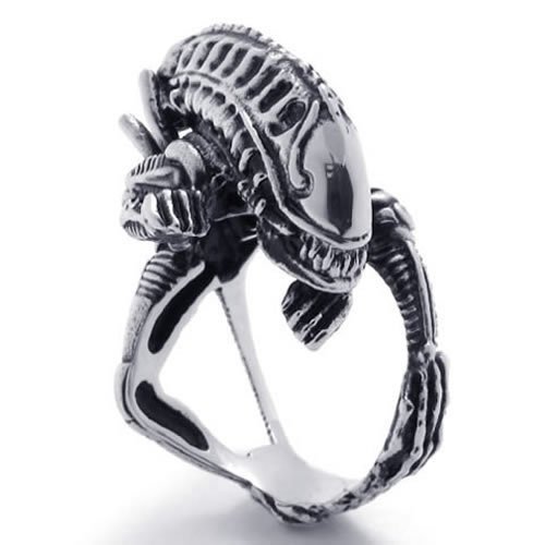  KONOV Bijoux Bague Homme - Dragon Mécanisme Étranger - Tête de mort - Crâne Gothique Diable - Motard Biker Tribal - Acier Inoxydable - Anneaux - Fantaisie - pour Homme - Couleur Noir Argent - Avec Sac Cadeau - F21026 - Taille 60