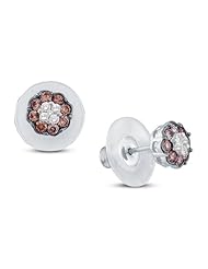 14K Yellow Gold Large Channel Set Round White and Chocolate Brown Diamond Flower Stud Earrings with Push Back Closure - (1.00 cttw)
