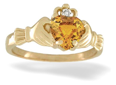 14K Yellow Gold Genuine Heart Citrine and Diamond Celtic Claddagh Ring