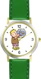 Boy with Goldfish in Bowl Animal - WATCHBUDDY® DELUXE TWO-TONE THEME WATCH - Arabic Numbers - Green Leather Strap-Size-Children's Size-Small ( Boy's Size & Girl's Size )