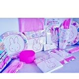 Miffy / Nijntje Bunny Rabbit Theme Birthday Party Kit ~ Super Deluxe Pack ~ Dinner Plates, Dessert Plates, Table Cover, Large and Small Napkins, Cups, Forks, Knives, Spoons, Favor Boxes, Balloons, and Streamers ~ Package Serves 12