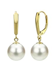14k Yellow Gold 10-11mm White Perfect Round Hand-pick Genuine South Sea Pearl Leverback Earring AAA Quality. Include Giftbox with Ribbon.