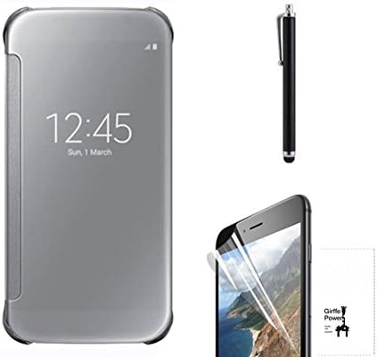 Giraffe Power(TM)Samsung Galaxy S6 Flip Case & Cover Brand New Ultra Luxurious Vacuo Electroplate Mirror face Transparent as Screen on PC+PU Material Free 2 Screen protectors and a black stylus.(Silver)