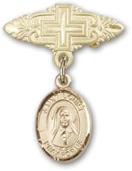 14K Gold Baby Badge with St. Louise de Marillac Charm and Badge Pin with Cross