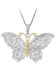 Sterling Silver Butterfly with Filigree & Textured Wings / Closed Back Necklace Pendant with Box Chain