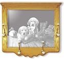 Wall Mounted Etched Mirror Coat Rack - Dog Art Etching - Solid Oak, Hand-Rubbed Finish, 26 x 22 inches