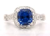Cushion Cut Sapphire And Round Diamonds Art Deco Ring 2.56Ctw
