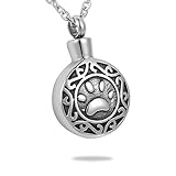 HooAMI Pet Cremation Urn Necklace Vintage Puppy Dog Paw Round Pendant Keepsake Memorial Jewelry
