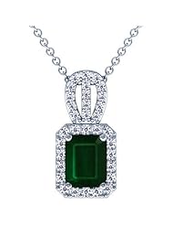 18K White Gold Emerald Cut Emerald And Round Diamond Pendant