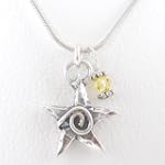 Double Sided Star Pendant with Swirl in Sterling Silver and a Yellow Swarovski Crystal Accent on a 16" Rhodium and Sterling Snake Chain, #8309