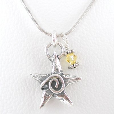 Double Sided Star Pendant with Swirl in Sterling Silver and a Yellow Swarovski Crystal Accent on a 16" Rhodium and Sterling Snake Chain, #8309