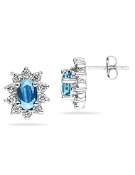 6X4mm Oval Shaped Blue Topaz and Diamond Flower Earrings in 14k White Gold