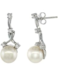 14k White Gold Diamond Vine Pearl Earrings w/ 0.12 Carat Brilliant Cut ( H-I Color; VS2-SI1 Clarity ) Diamonds & 8mm White Pearls, 7/8 in. (22mm) tall