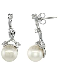 14k White Gold Diamond Vine Pearl Earrings w/ 0.12 Carat Brilliant Cut ( H-I Color; VS2-SI1 Clarity ) Diamonds & 8mm White Pearls, 7/8 in. (22mm) tall