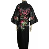 GiftsCircle Embroidered Floral Design Silk Kimono Robe One Size