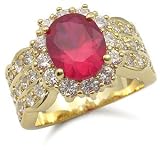 14KG Plated 1 Carat Oval Ruby Red Clear CZ Sides Ring