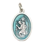 St. Christopher Medals Enamel Aqua Italian Silver Oxidized Medals Pendant Necklaces