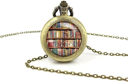 Library Book Pocket Watch Necklace, Book Bookshelf Pendant, Book Lover Necklace Jewelry