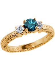 0.79 Ct Round Blue and G/H Diamond 18K Yellow Gold 3-Stone Ring
