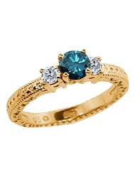 0.79 Ct Round Blue and G/H Diamond 18K Yellow Gold 3-Stone Ring