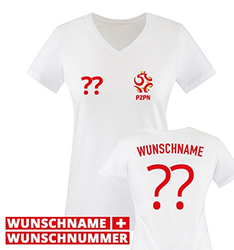 TRIKOT – PO – WUNSCHDRUCK – Damen V-Neck T-Shirt – Weiss / Rot-Gold Gr. S