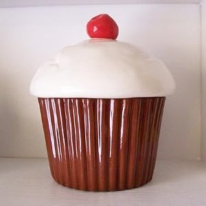 Vintage Ceramic Chocolate Cupcake Cookie Jar Container (With Cherry On Top) by