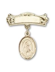 14K Gold Baby Badge with St. Rita of Cascia Charm and Arched Polished Badge Pin