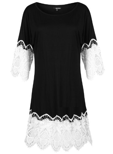 Mooncolour Women Soft Splicing Lace Sleeve and Hem Tunic Shirt