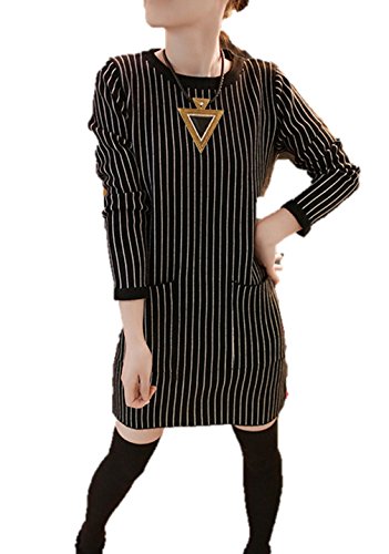 ワンピース  ラウンドネック ストライプ柄 ボーダー ニットワンピース ミニ丈 長袖 カジュアル 秋冬 クマのぬいぐるみ付き K-1557