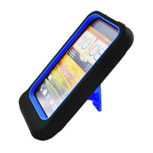 Armor Hybrid Black/ Blue With Stand Faceplate Hard Plastic Protector Snap-On Skin Cover Case For HTC One V T320e