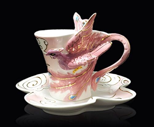 Ceremonial Pink Phoenix Compelete Coffee Tea Set - with 1 Cup 1 Spoon 1 Saucer - Best Gift For Her- Fascinating Collectible Display Art - Wonderful Kitchen Decor