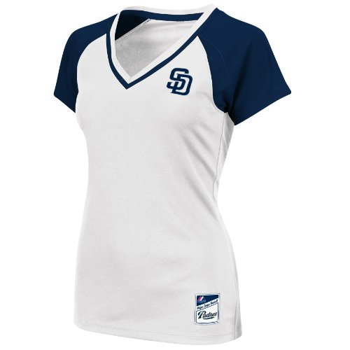 MLB San Diego Padres Women's Short Sleeve Raglan Deep V-Neck Synthetic Tee (Wht/Athletic Navy/Ath Navy, X-Small)