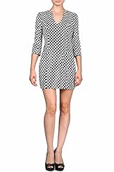 Cotton/Polyester/Spandex Checkered Print Shift 3/4 Sleeves  Dress