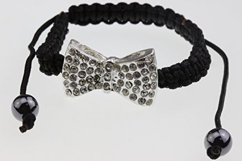 Black Chord Bracelet with Silver Rhinestone Clear Crystal Bow Design - Jewelry Gift for Teen Girl Women