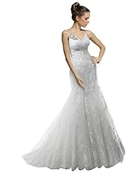V-neck Tulle Mermaid Spaghetti Strap Lace Wedding Dress 