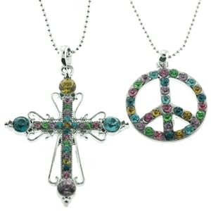 Peace Sign and Cross Pendant Necklaces with Multi-Color Crystals - 1.6mm Ball Chain - 16" Length with 2" Extender